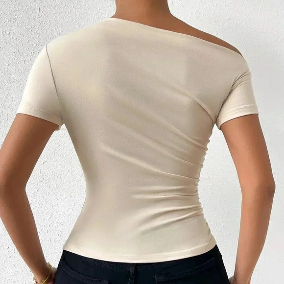 Apricot Casual Women's Solid Ruched Asymmetrical Neck Tee - Picture 2 of 6